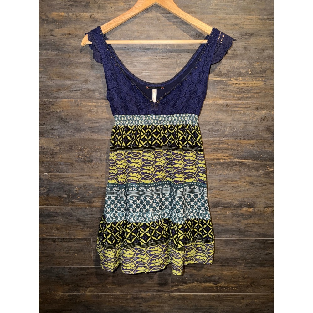 Free People Silk Blend Crochet Lace Empire Waist Mini Dress Navy Lime Size 2
